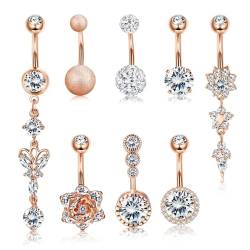 Dochais 8 Stück Piercing Bauchnabel Edelstahl, Piercing Bauchnabel Rosegold, Bauchnabelpiercing CZ, Piercing Bauchnabel 10mm Stablänge für Damen Männer 14G von Dochais