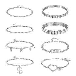 Dochais 8 Stücke Silber Boho Fußkettchen Set Damen Bohemian Fußkette Frauen Herz Schmetterling Fußketten Mädchen Vintage Kubischer Zirkon Fuß Schmuck für Urlaub Sommer Strand Geschen, 22CM+5CM von Dochais