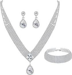 Dochais Brautschmuck Set für Frauen Hochzeit Einfache Halskette Teardrop Dangle Ohrringe Armbänder Armreif Kristall Prom Braut Brautjungfer Tennis Schmuck Set von Dochais