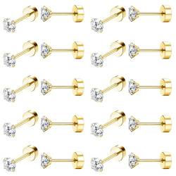 Dochais Edelstahl Ohrringe für Herren Damen 10 Paar 20G Gold/Schwarz Ohrstecker 2mm/3mm/4mm Zirkonia Knorpel Ohrringe Hypoallergen Flatback Ohrringe Piercing von Dochais