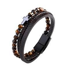 Dochais Herren Armband, Edelstahl Echtleder Armband, Jesus Christus Kruzifix Kreuz Armband, Naturstein Geflochten Armband mit Magnet Verschluss, Schmuck Geschenke Für Männer (B, Braun, 21cm) von Dochais