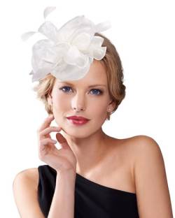 Dodheah Fascinators Hut Hochzeitshut Kopfbedeckung Vintage Schleier Hut Derbyhut für Frauen Pillbox Hüte Stirnband Damen Haarspangen für Hochzeit Ascot Karneval Tee Party 052-Weiß von Dodheah