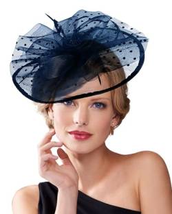 Dodheah Fascinators Hut Hochzeitshut Kopfbedeckung Vintage Schleier Hut Derbyhut für Frauen Pillbox Hüte Stirnband Damen Haarspangen für Hochzeit Ascot Karneval Tee Party w4-42-Marineblau von Dodheah