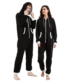 Dodheah Unisex Onesie Schwarz Pyjama Einteiler Overall Jumpsuits Nachtwäsche Familie Loungewear mit Kapuze Reißverschluss Schwarzer Weißer-XL von Dodheah