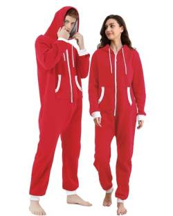 Dodheah Unisex Onesie für Erwachsene Jumpsuit Weihnachten Pyjamas Reißverschluss mit Kapuze Einteilige Nachtwäsche Homewear Rot Weiß Reißverschluss S von Dodheah