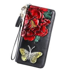 Geldbörse Damen Leder Lang Portemonnaie Frauen RFID Schutz Brieftasche Lang Handy Geldbeutel Damen Portmonee Leder mit Hochtemperaturprägung (Rote Blume) von DokinReich