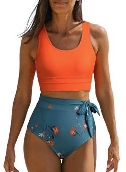 Dokotoo Bikini Damen Set High Waist Bauchweg Bademode Blumenmuster Zweiteiliger Badeanzug Side Tie Swimsuit, orange, XL von Dokotoo
