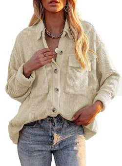 Dokotoo Bluse Damen Langarmshirt Elegant Lässig Locker Langarm Knopfleiste Einfarbig Shirts Cord Oberteile Hemdkragen Tunika Stehkragen Hemd mit Brusttaschen Tops Beige 2XL von Dokotoo