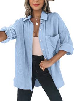 Dokotoo Bluse Damen Musselin Langarmshirt Baumwolle Lässig Oberteile Hemd Langarm Farbblock Shirts Einfarbig Tops Hemdjacke Blau 2XL von Dokotoo