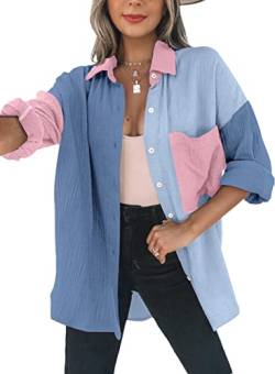 Dokotoo Bluse Damen Musselin Langarmshirt Baumwolle Lässig Oberteile Hemd Langarm Farbblock Shirts Einfarbig Tops Hemdjacke Blau XL von Dokotoo