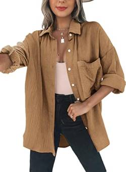 Dokotoo Bluse Damen Musselin Langarmshirt Baumwolle Lässig Oberteile Hemd Langarm Farbblock Shirts Einfarbig Tops Hemdjacke Braun S von Dokotoo