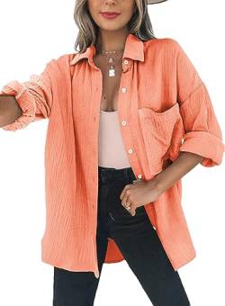 Dokotoo Bluse Damen Musselin Langarmshirt Baumwolle Lässig Oberteile Hemd Langarm Farbblock Shirts Einfarbig Tops Hemdjacke Orange 2XL von Dokotoo