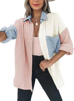 Dokotoo Bluse Damen Musselin Langarmshirt Baumwolle Lässig Oberteile Hemd Langarm Farbblock Shirts Einfarbig Tops Hemdjacke Rosa 2XL von Dokotoo