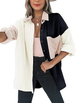 Dokotoo Bluse Damen Musselin Langarmshirt Baumwolle Lässig Oberteile Hemd Langarm Farbblock Shirts Einfarbig Tops Hemdjacke Schwarz L von Dokotoo