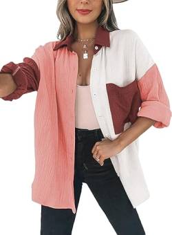 Dokotoo Bluse Damen Musselin Langarmshirt Baumwolle Lässig Oberteile Hemd Langarm Farbblock Shirts Knopfleiste Tops Hemdjacke Braun 2XL von Dokotoo