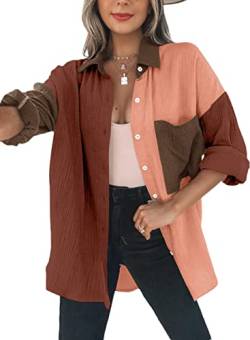 Dokotoo Bluse Damen Musselin Langarmshirt Baumwolle Lässig Oberteile Hemd Langarm Farbblock Shirts Knopfleiste Tops Hemdjacke Braun XL von Dokotoo