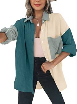 Dokotoo Bluse Damen Musselin Langarmshirt Baumwolle Lässig Oberteile Hemd Langarm Farbblock Shirts Knopfleiste Tops Hemdjacke Grün 2XL von Dokotoo