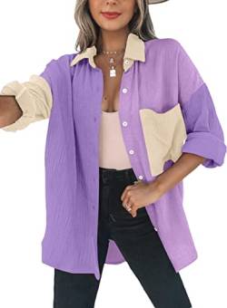 Dokotoo Bluse Damen Musselin Langarmshirt Baumwolle Lässig Oberteile Hemd Langarm Farbblock Shirts Knopfleiste Tops Hemdjacke Lila XL von Dokotoo