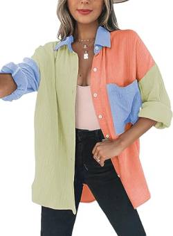 Dokotoo Bluse Damen Musselin Langarmshirt Baumwolle Lässig Oberteile Hemd Langarm Farbblock Shirts Knopfleiste Tops Hemdjacke Orange XL von Dokotoo