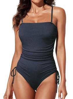 Dokotoo Damen Badeanzug Bandeau Spaghettiträger Schwimmanzug Raffung Bauchweg Einteilige Bademode Swimsuit, Navy blau, L von Dokotoo