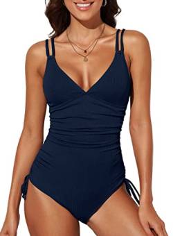 Dokotoo Damen Badeanzug Blau V-Ausschnitt Rückenfrei Monokini Raffung Bauchweg Einteilige Bademode Swimsuit Groß von Dokotoo