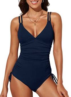 Dokotoo Damen Badeanzug Blau V-Ausschnitt Rückenfrei Monokini Raffung Bauchweg Einteilige Bademode Swimsuit Klein von Dokotoo