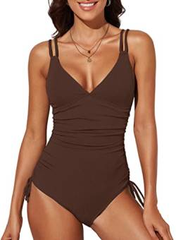 Dokotoo Damen Badeanzug Braun V-Ausschnitt Rückenfrei Einteiliger Schwimmanzug Bauchweg Push up Bademode Swimsuit Klein von Dokotoo