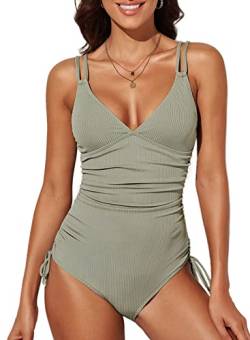 Dokotoo Damen Badeanzug Grün V-Ausschnitt Rückenfrei Bauchweg Schwimmanzug Gerippte Einteilige Bademode Swimsuit X-Groß von Dokotoo