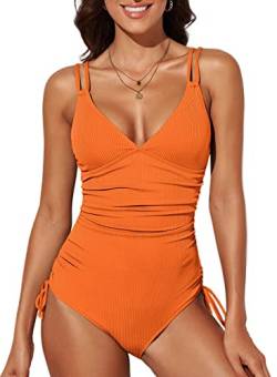 Dokotoo Damen Badeanzug Orange V-Ausschnitt Rückenfrei Bademode Raffung Bauchweg Einteiliger Schwimmanzug Swimsuit Klein von Dokotoo