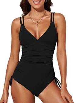 Dokotoo Damen Badeanzug Schwarz V-Ausschnitt Rückenfrei Bademode Raffung Bauchweg Einteilige Strandmode Swimsuit Mittel von Dokotoo