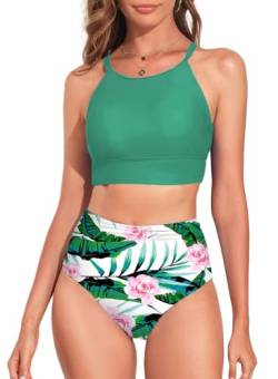 Dokotoo Damen Bikini Set Blumenmuster High Waist Bauchweg Bademode Zweiteiliger Badeanzug Swimsuit Große Brüste, grün, XL von Dokotoo