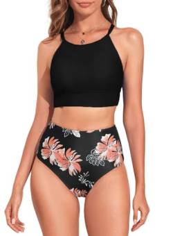 Dokotoo Damen Bikini Set Blumenmuster High Waist Bauchweg Bademode Zweiteiliger Badeanzug Swimsuit Mädchen, schwarz, XS von Dokotoo