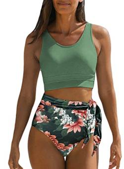 Dokotoo Damen Bikini Set High Waist Bauchweg Bademode Blumenmuster Zweiteiliger Badeanzug Side Tie Swimsuit, grün, L von Dokotoo