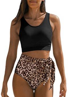 Dokotoo Damen Bikini Set High Waist Bauchweg Bademode Leopardenmuster Zweiteiliger Badeanzug Side Tie Swimsuit Klein von Dokotoo