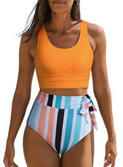 Dokotoo Damen Bikini Set High Waist Bauchweg Bademode Streifen Zweiteiliger Badeanzug Side Tie Swimsuit, orange, L von Dokotoo