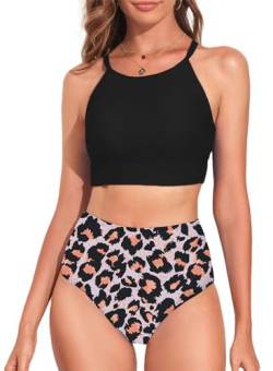 Dokotoo Damen Bikini Set Leopardenmuster High Waist Bauchweg Bademode Zweiteiliger Badeanzug Swimsuit Große Brüste, schwarz, XL von Dokotoo