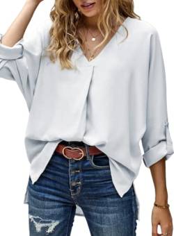 Dokotoo Damen Bluse Casual Oberteil V-Ausschnitt Elegant Vintage Tunika Oberteile Sommer T-Shirts Tops Weiß XL von Dokotoo