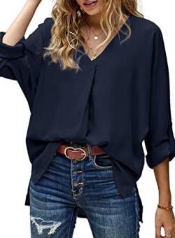 Dokotoo Damen Bluse Elegant Oberteil Sommer T Shirt V-Ausschnitt Hemdbluse Vintage Bluseshirt Tunika Tops Blau L von Dokotoo