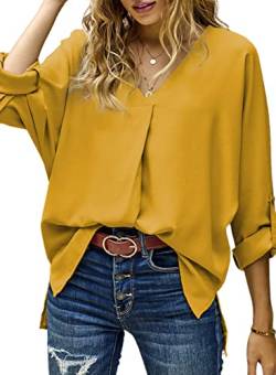 Dokotoo Damen Bluse Elegant Oberteil Sommer T Shirt V-Ausschnitt Hemdbluse Vintage Bluseshirt Tunika Tops Gelb M von Dokotoo