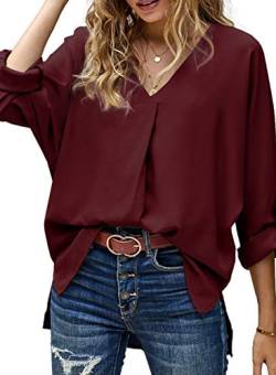Dokotoo Damen Bluse Elegant Oberteil Sommer T Shirt V-Ausschnitt Hemdbluse Vintage Bluseshirt Tunika Tops Rotwein L von Dokotoo