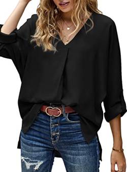 Dokotoo Damen Bluse Oberteile Shirts Tops Sommer Elegant Chiffon V-Ausschnitt Oversize T-Shirt Tunika Hemd Hemdbluse Bluseshirt Business, schwarz, S von Dokotoo