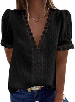 Dokotoo Damen Bluse Schwarz Boho Spitze T-Shirt Tops Elegant Frühling Sommer V-Ausschnitt Oberteile Tunika Small von Dokotoo