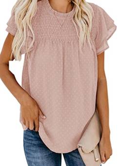 Dokotoo Damen Bluse Sommer Casual Rundhals T-Shirt Elegant Swiss Dot Kurzarm Oberteile Shirts Tunika mit Rüschen, rosa, M von Dokotoo