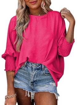 Dokotoo Damen Bluse Sommer Kurzarm Musselin Tunika Shirt Casual Rundhals Puffärmel Oversize Oberteile Blusenshirt Tops, Rose, L von Dokotoo