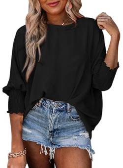 Dokotoo Damen Bluse Sommer Kurzarm Musselin Tunika Shirt Casual Rundhals Puffärmel Oversize Oberteile Blusenshirt Tops, schwarz, L von Dokotoo