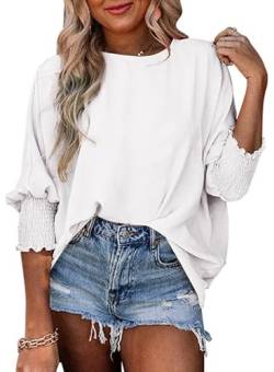 Dokotoo Damen Bluse Sommer Kurzarm Musselin Tunika Shirt Casual Rundhals Puffärmel Oversize Oberteile Blusenshirt Tops, weiß, L von Dokotoo