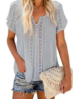 Dokotoo Damen Bluse Sommer Kurzarm Oberteile Spitzen Aushöhlen T-Shirt Casual V-Ausschnitt Shirts Tops, grau, S von Dokotoo