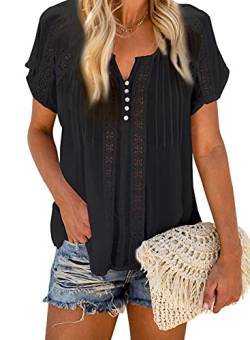 Dokotoo Damen Bluse Sommer Kurzarm Oberteile Spitzen Aushöhlen T-Shirt Casual V-Ausschnitt Shirts Tops, schwarz, S von Dokotoo