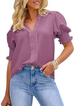 Dokotoo Damen Blusen Sommer Kurzarm Oberteile Elegant V-Ausschnitt Puffärmel Hemd Casual Arbeit Tunika Shirt Tops, violett, XXL von Dokotoo