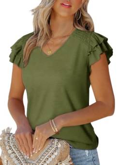Dokotoo Damen Blusen V-Ausschnitt Rüschenärmel T-Shirt Sommer Kurzarm Casual Oberteile Shirts Tops, grün, S von Dokotoo